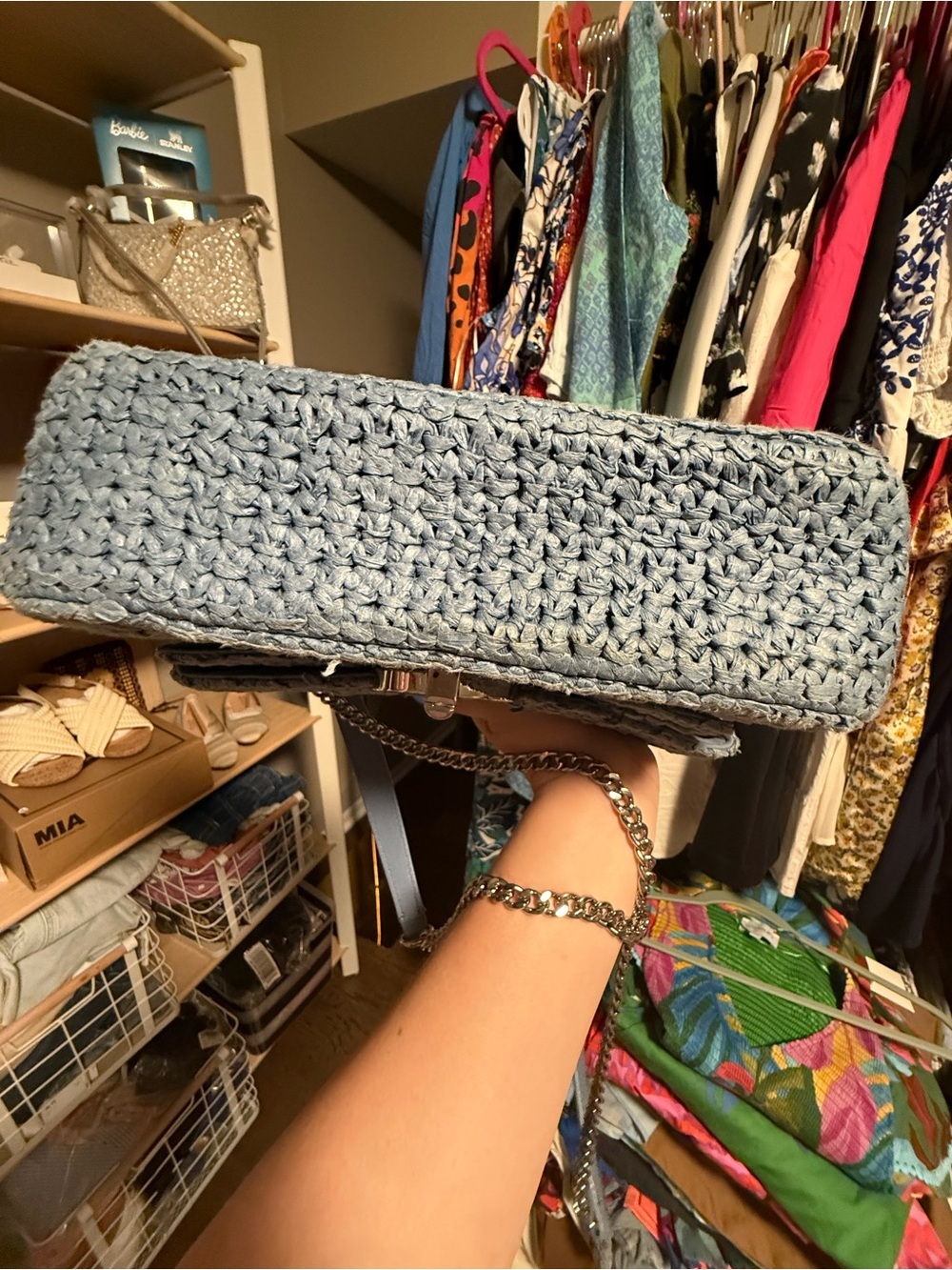Sandro Paris Yza Raffia Shoulder Bag | Blue Woven Top Handle Purse - Picture 10 of 17